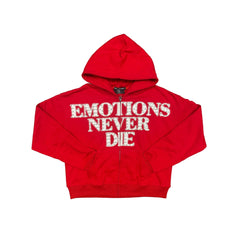 MIXED EMOTION Red ‘End’ Rhinestone hoodie
